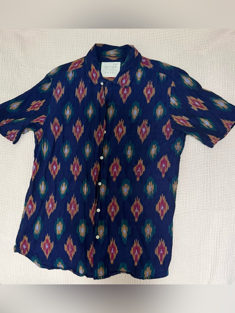 Kardo Navy Short-Sleeve Shirt Jacket with Multicolor Ikat